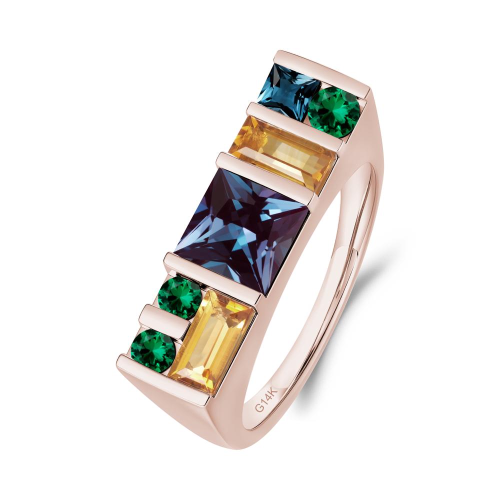Unisex Multi-Stone Bar Set Alexandrite Ring - LUO Jewelry #metal_14k rose gold