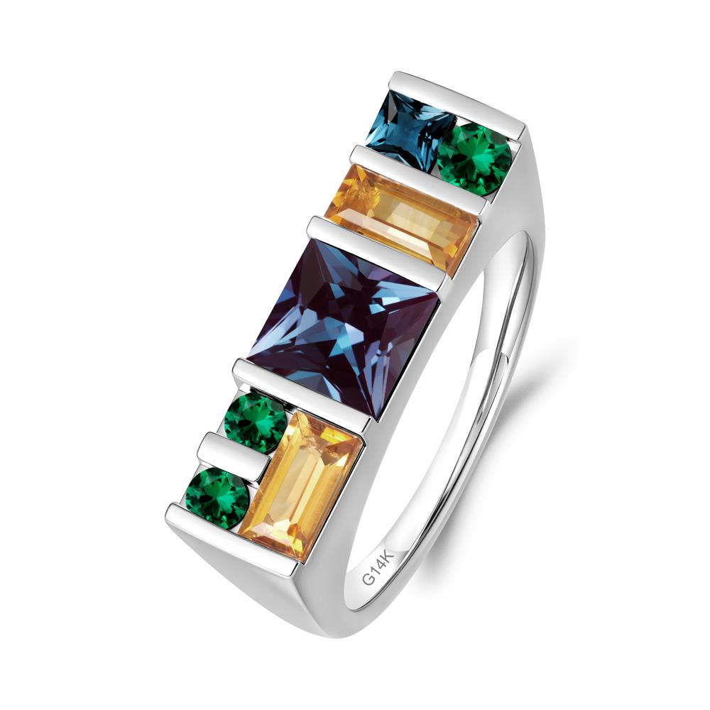 Unisex Multi-Stone Bar Set Alexandrite Ring - LUO Jewelry #metal_14k white gold
