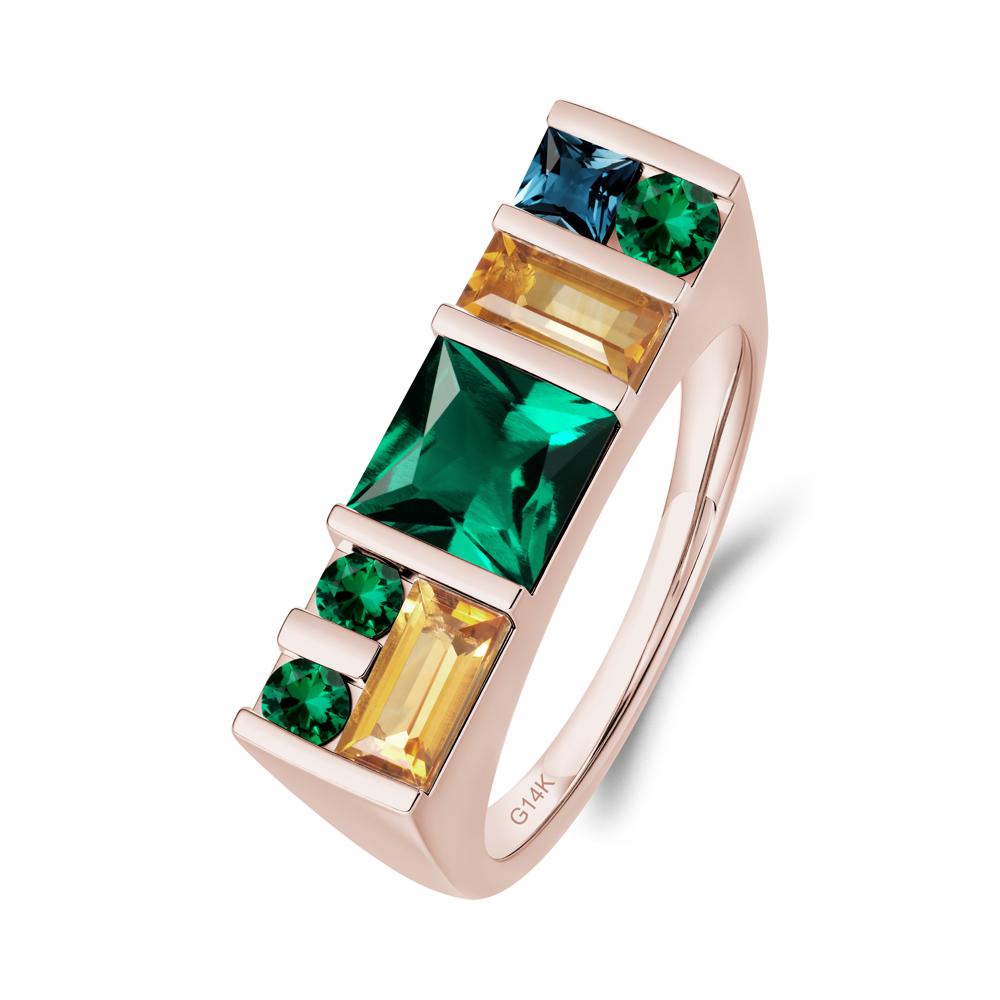 Unisex Multi-Stone Bar Set Emerald Ring - LUO Jewelry #metal_14k rose gold