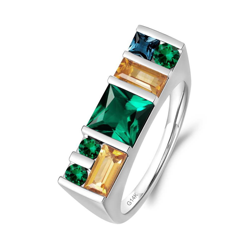 Unisex Multi-Stone Bar Set Emerald Ring - LUO Jewelry #metal_14k white gold