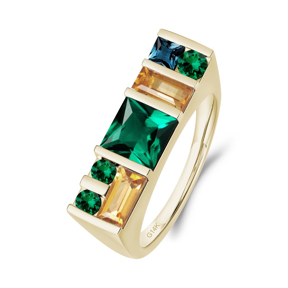 Unisex Multi-Stone Bar Set Emerald Ring - LUO Jewelry #metal_14k yellow gold
