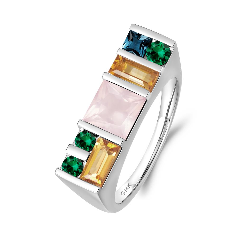 Unisex Multi-Stone Bar Set Rose Quartz Ring - LUO Jewelry #metal_14k white gold