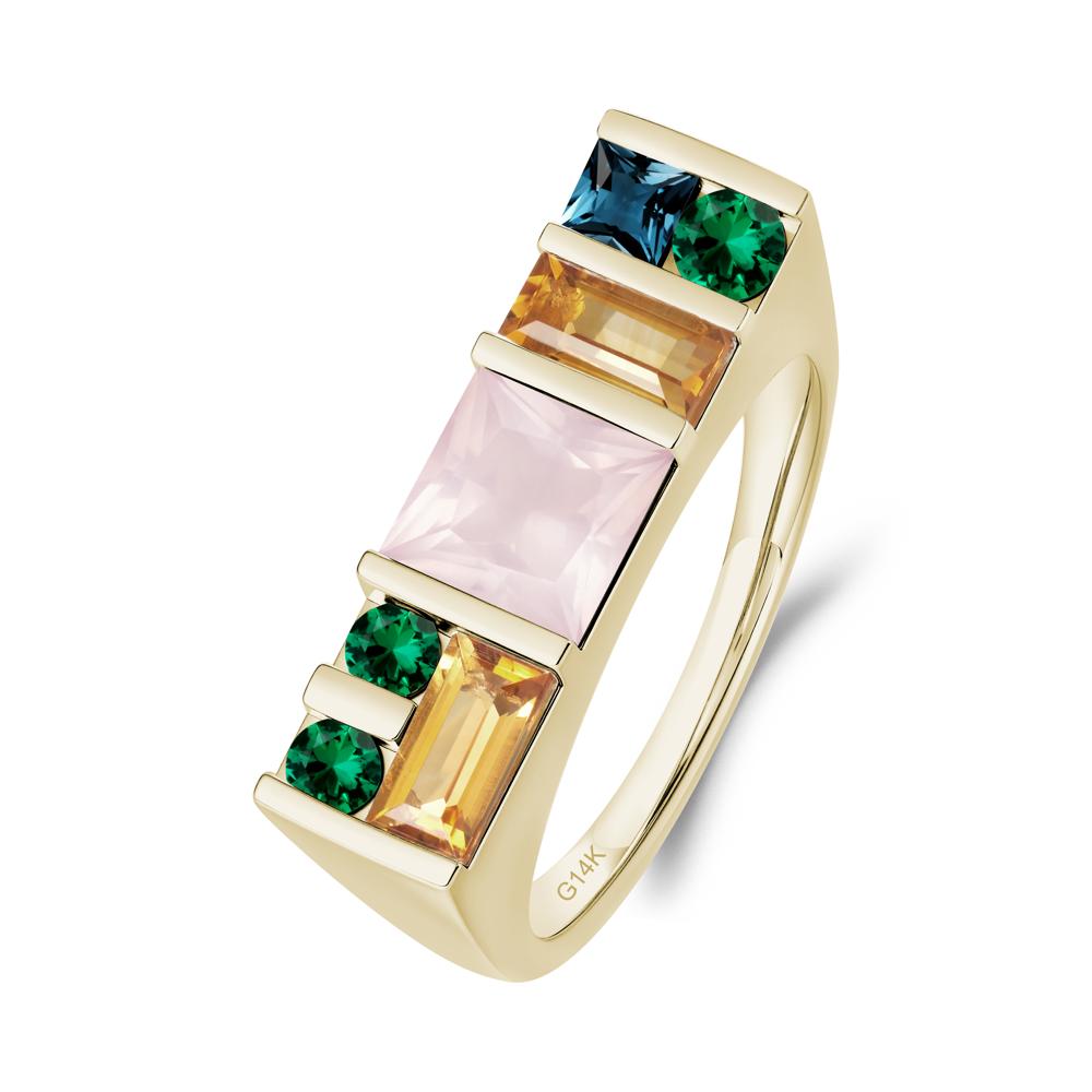 Unisex Multi-Stone Bar Set Rose Quartz Ring - LUO Jewelry #metal_14k yellow gold