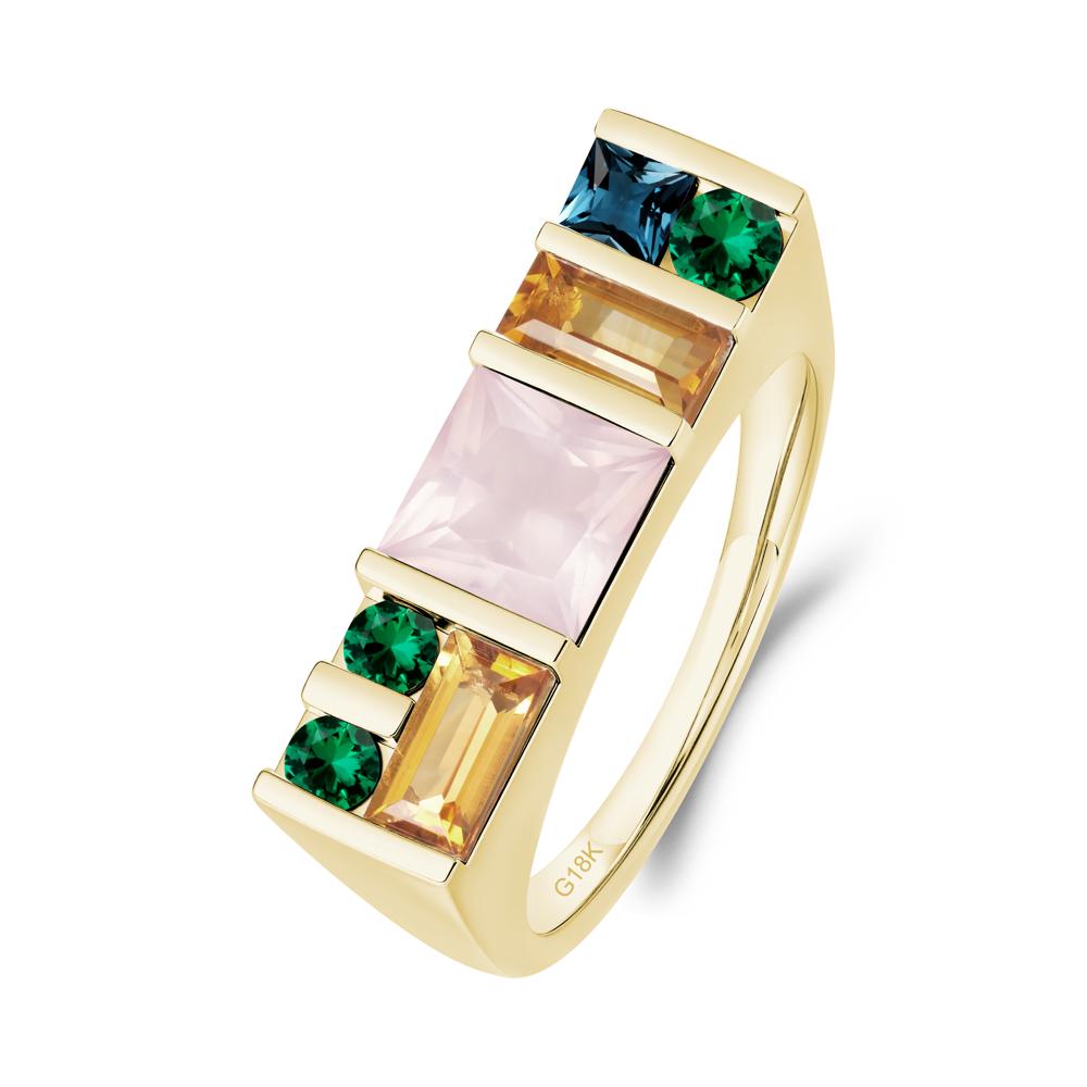 Unisex Multi-Stone Bar Set Rose Quartz Ring - LUO Jewelry #metal_18k yellow gold