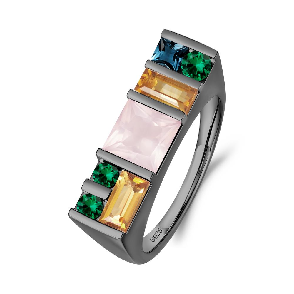Unisex Multi-Stone Bar Set Rose Quartz Ring - LUO Jewelry #metal_black finish sterling silver