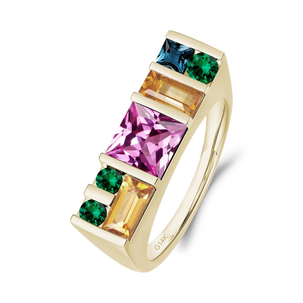 Unisex Multi-Stone Bar Set Pink Sapphire Ring - LUO Jewelry #metal_14k yellow gold