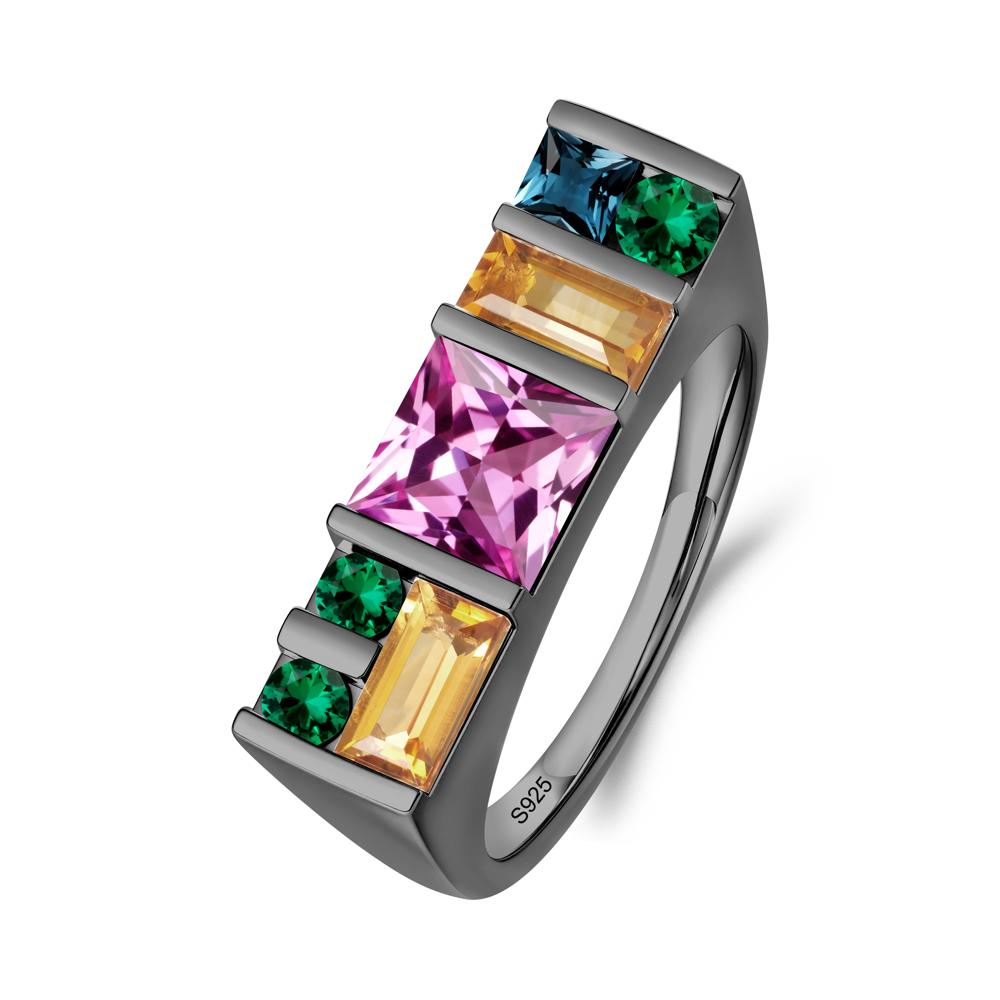 Unisex Multi-Stone Bar Set Pink Sapphire Ring - LUO Jewelry #metal_black finish sterling silver