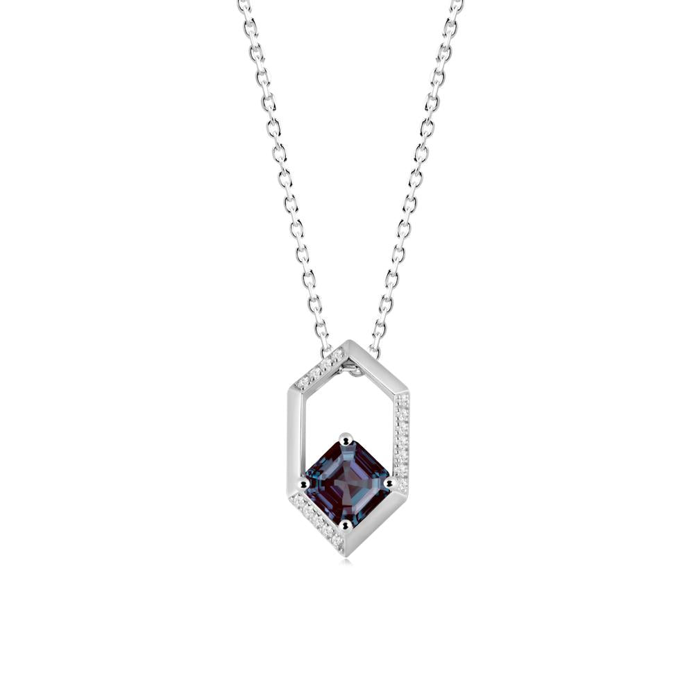 Hexagonal Frame Asscher Alexandrite Necklace - LUO Jewelry #metal_18k white gold
