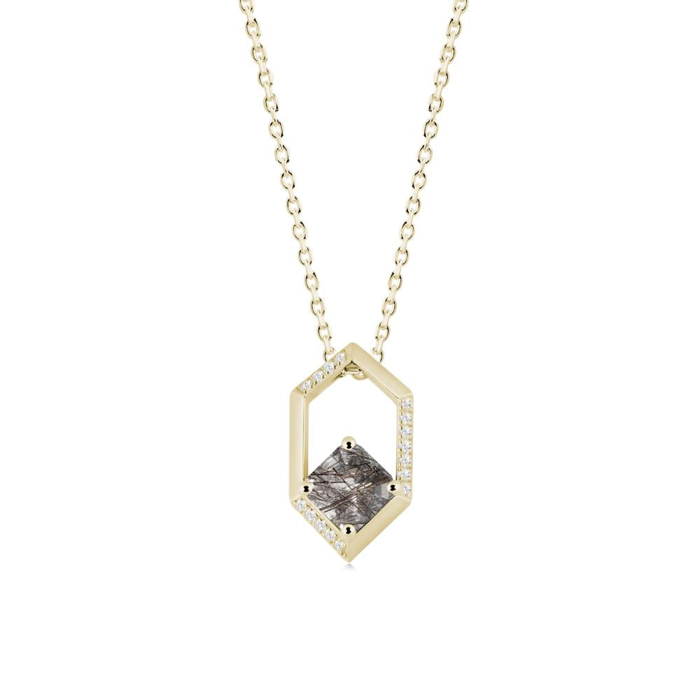 Hexagonal Frame Asscher Black Rutilated Quartz Necklace - LUO Jewelry #metal_14k yellow gold