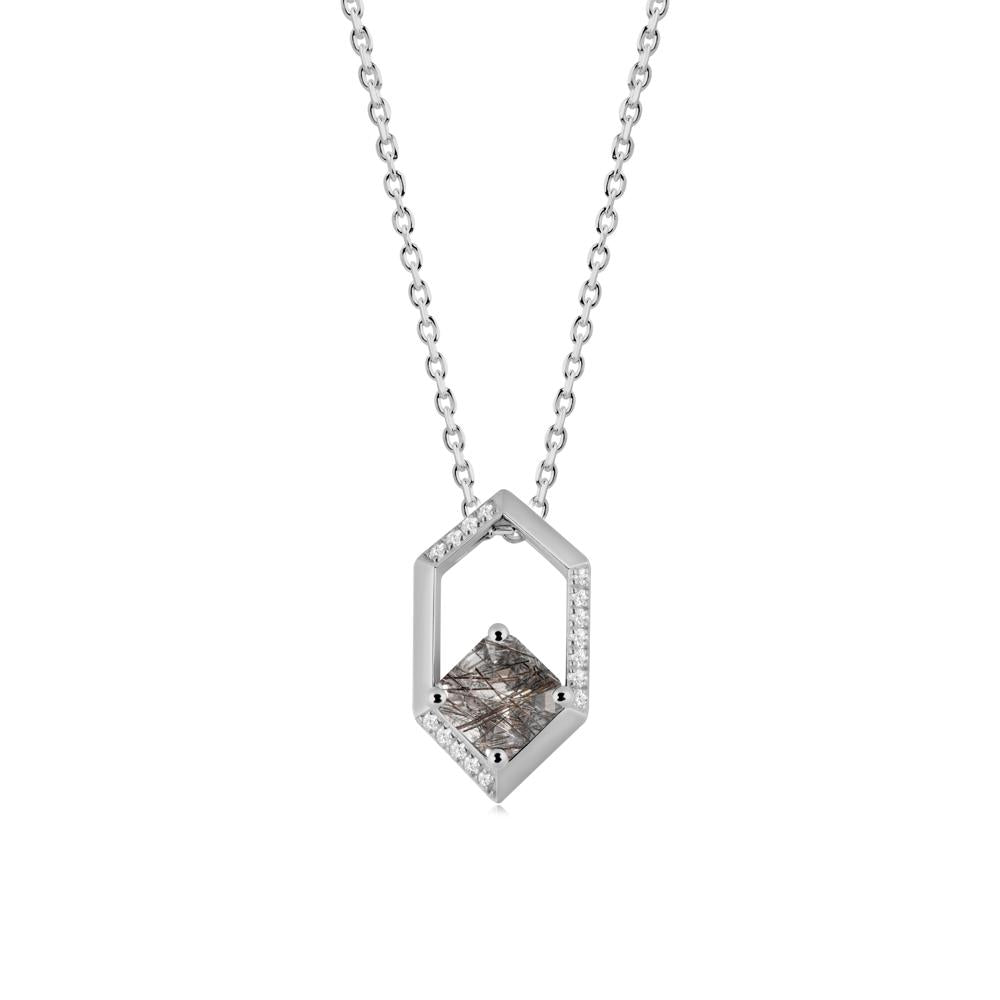 Hexagonal Frame Asscher Black Rutilated Quartz Necklace - LUO Jewelry #metal_platinum