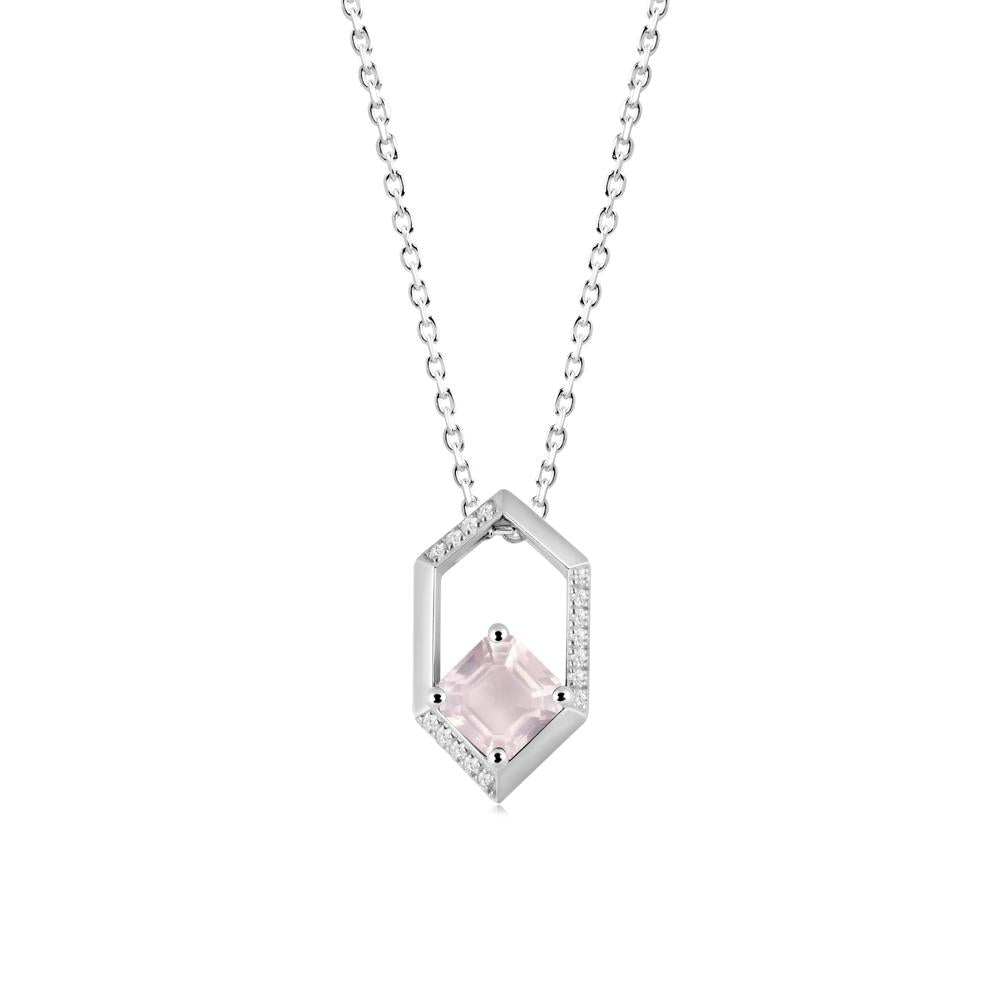 Hexagonal Frame Asscher Rose Quartz Necklace - LUO Jewelry #metal_14k white gold