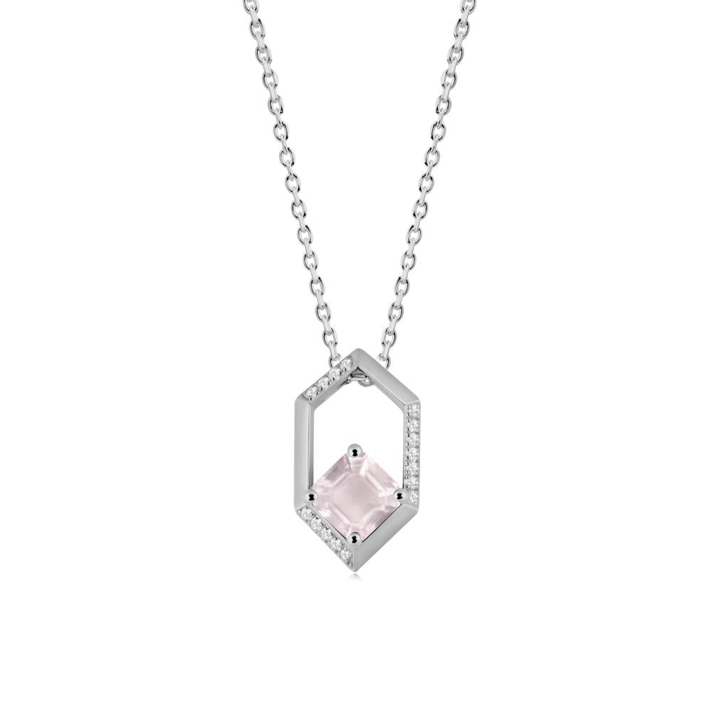 Hexagonal Frame Asscher Rose Quartz Necklace - LUO Jewelry #metal_platinum