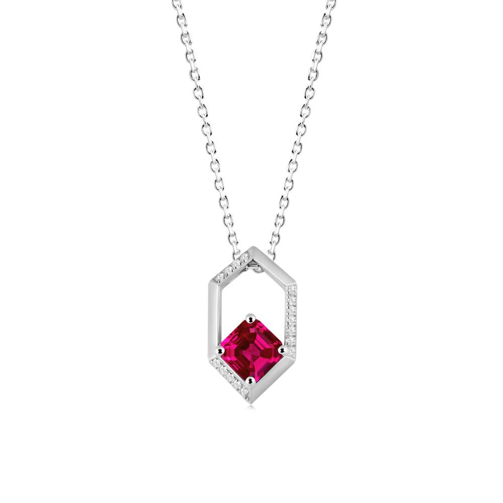 Hexagonal Frame Asscher Ruby Necklace - LUO Jewelry #metal_14k white gold