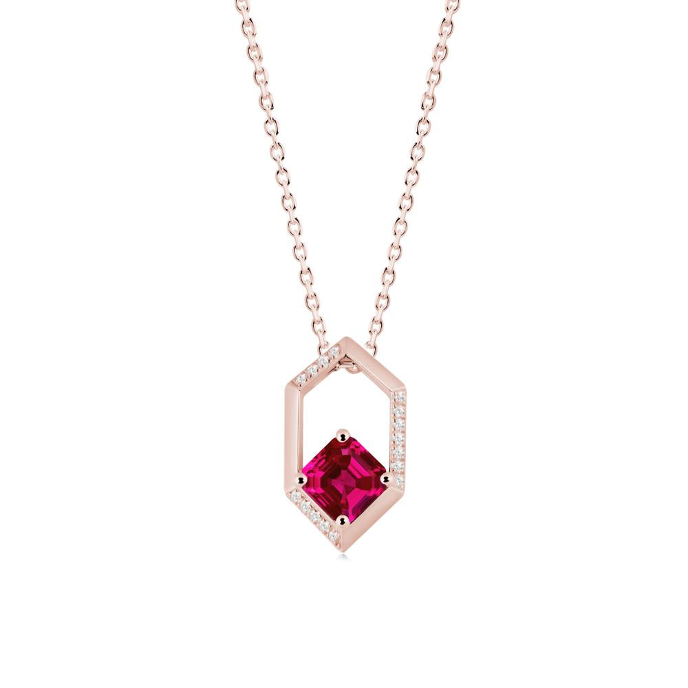 Hexagonal Frame Asscher Ruby Necklace - LUO Jewelry #metal_18k rose gold