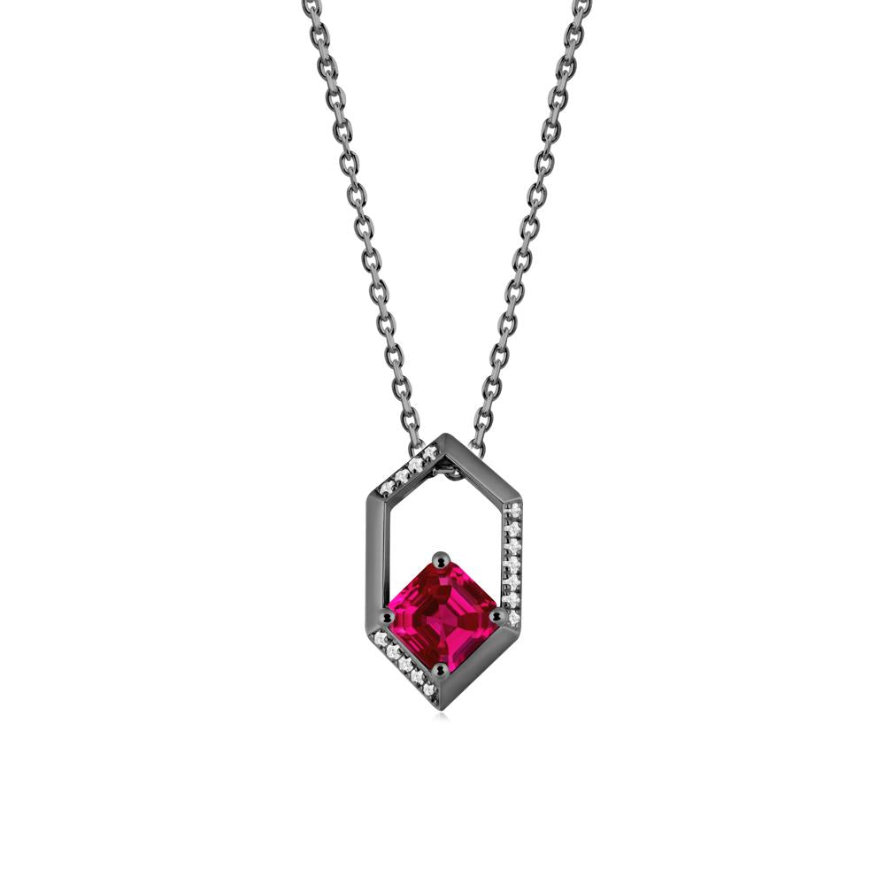 Hexagonal Frame Asscher Ruby Necklace - LUO Jewelry #metal_black finish sterling silver