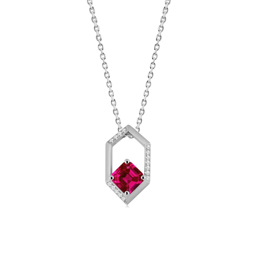 Hexagonal Frame Asscher Ruby Necklace - LUO Jewelry #metal_platinum
