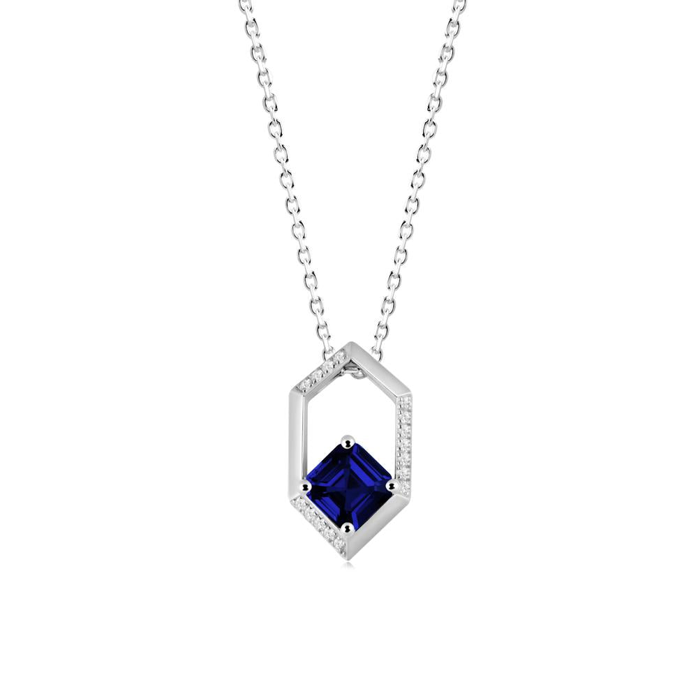 Hexagonal Frame Asscher Sapphire Necklace - LUO Jewelry #metal_18k white gold