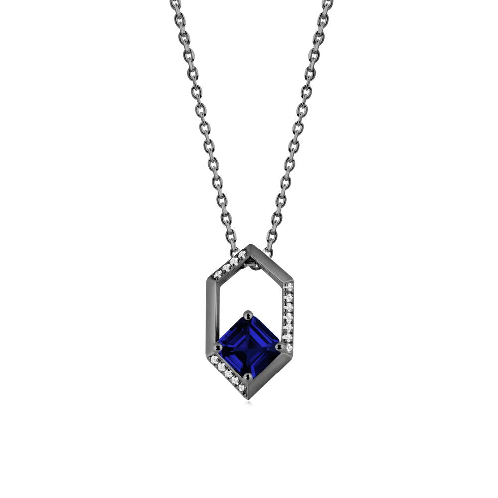 Hexagonal Frame Asscher Sapphire Necklace - LUO Jewelry #metal_black finish sterling silver