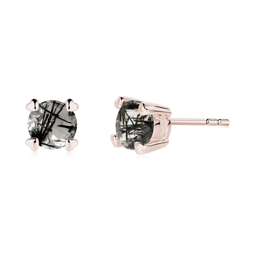 Black Rutilated Quartz Stud Earrings with Heart Prongs - LUO Jewelry #metal_14k rose gold
