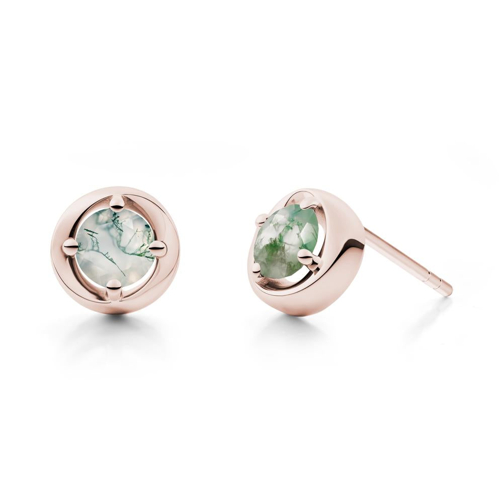 Minimalist Round Moss Agate Stud Earrings - LUO Jewelry #metal_14k rose gold