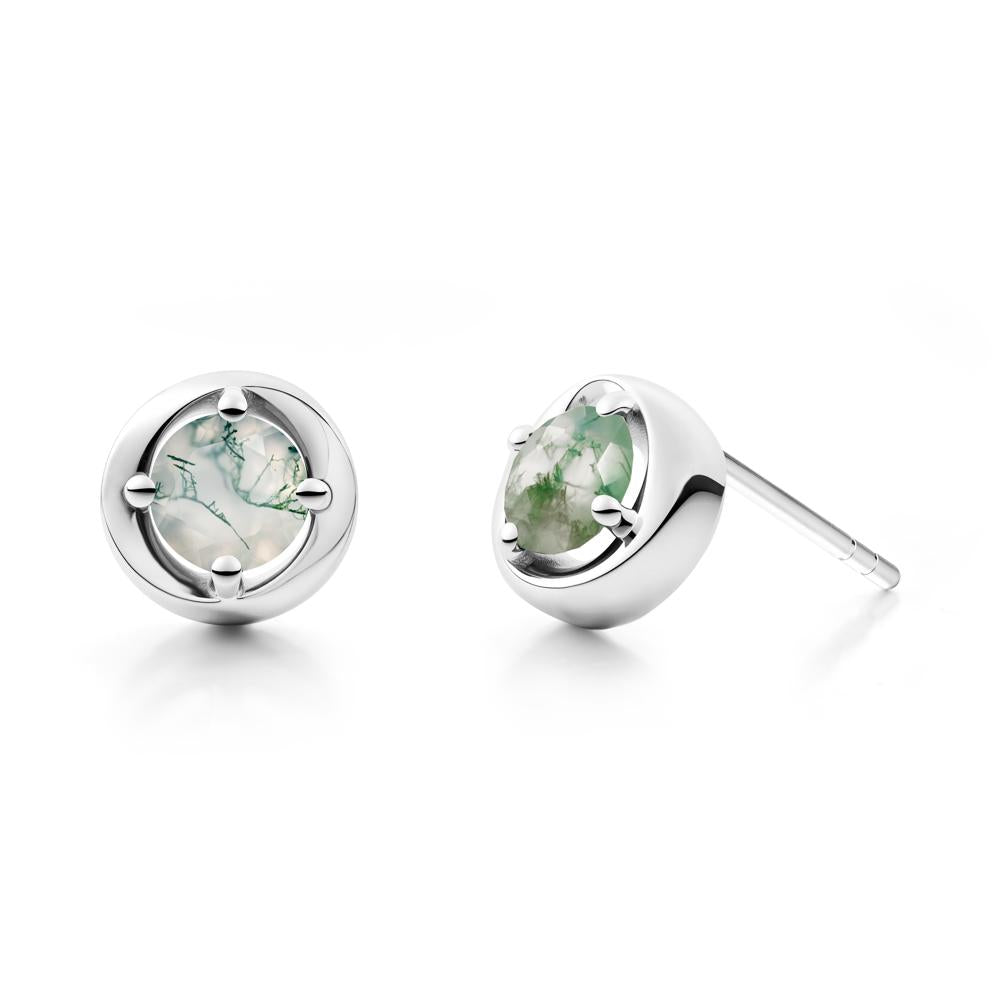 Minimalist Round Moss Agate Stud Earrings - LUO Jewelry #metal_14k white gold