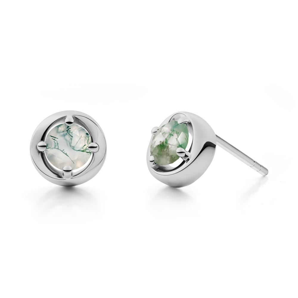 Minimalist Round Moss Agate Stud Earrings - LUO Jewelry #metal_platinum