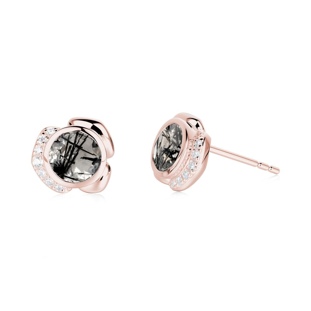 Flower Round Black Rutilated Quartz Earrings - LUO Jewelry #metal_18k rose gold