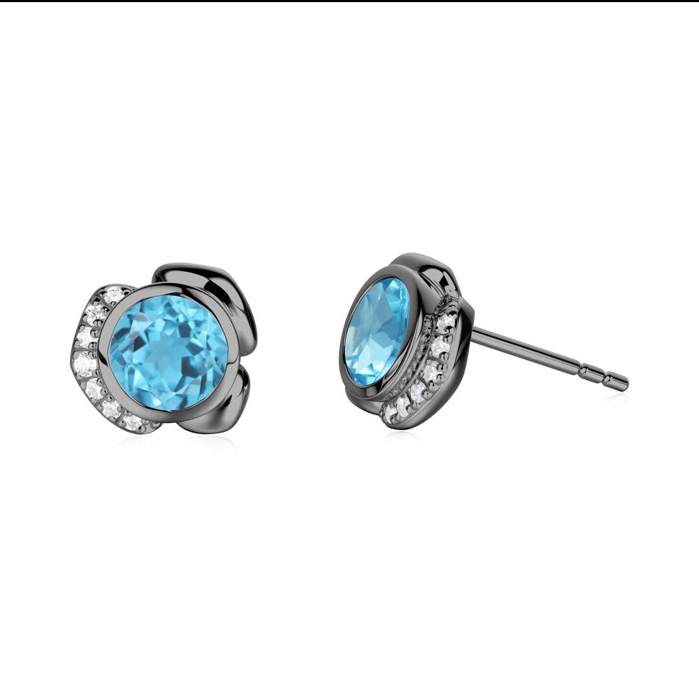 Flower Round Swiss Blue Topaz Earrings - LUO Jewelry #metal_black finish sterling silver