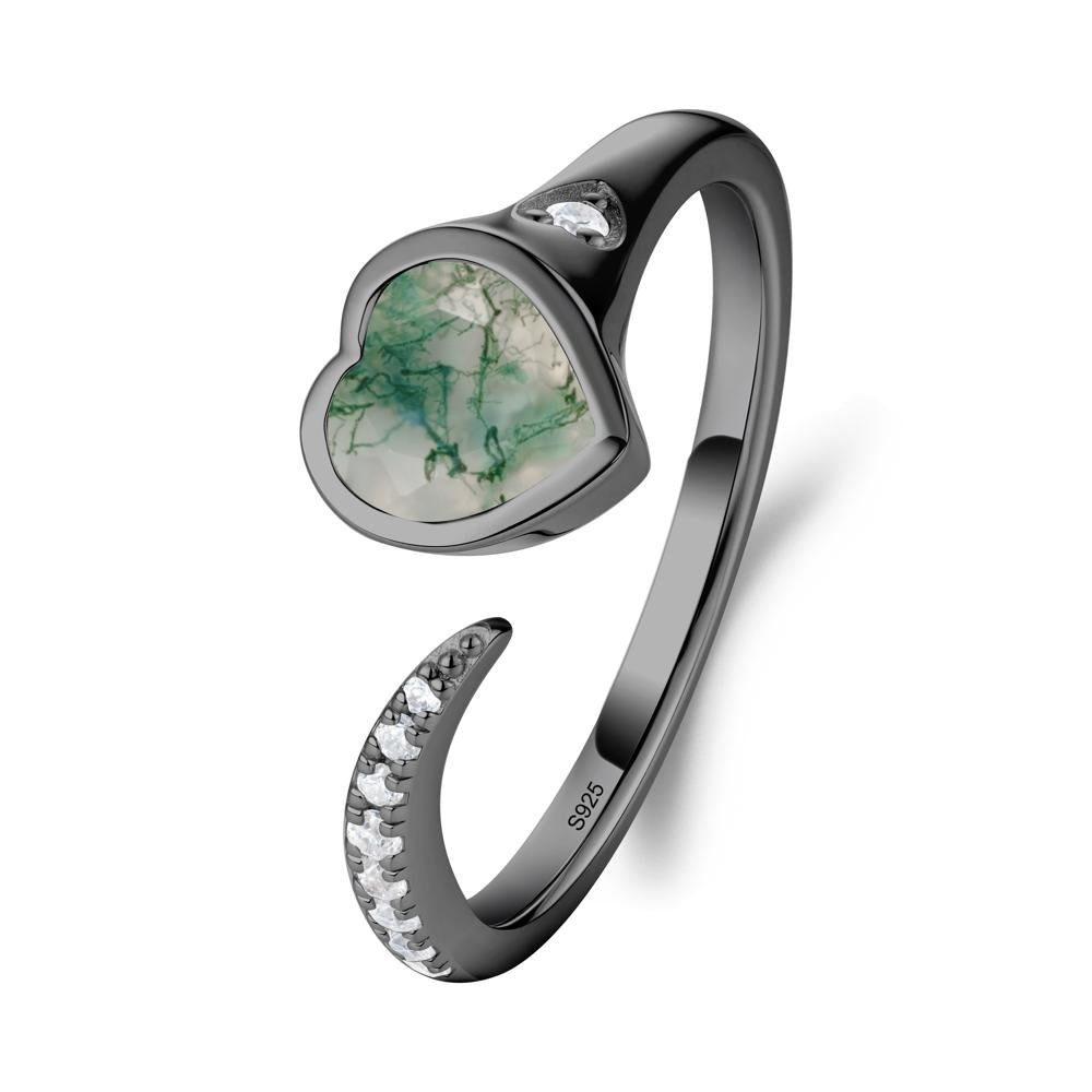 Heart Shapped Moss Agate Open Ring - LUO Jewelry #metal_black finish sterling silver