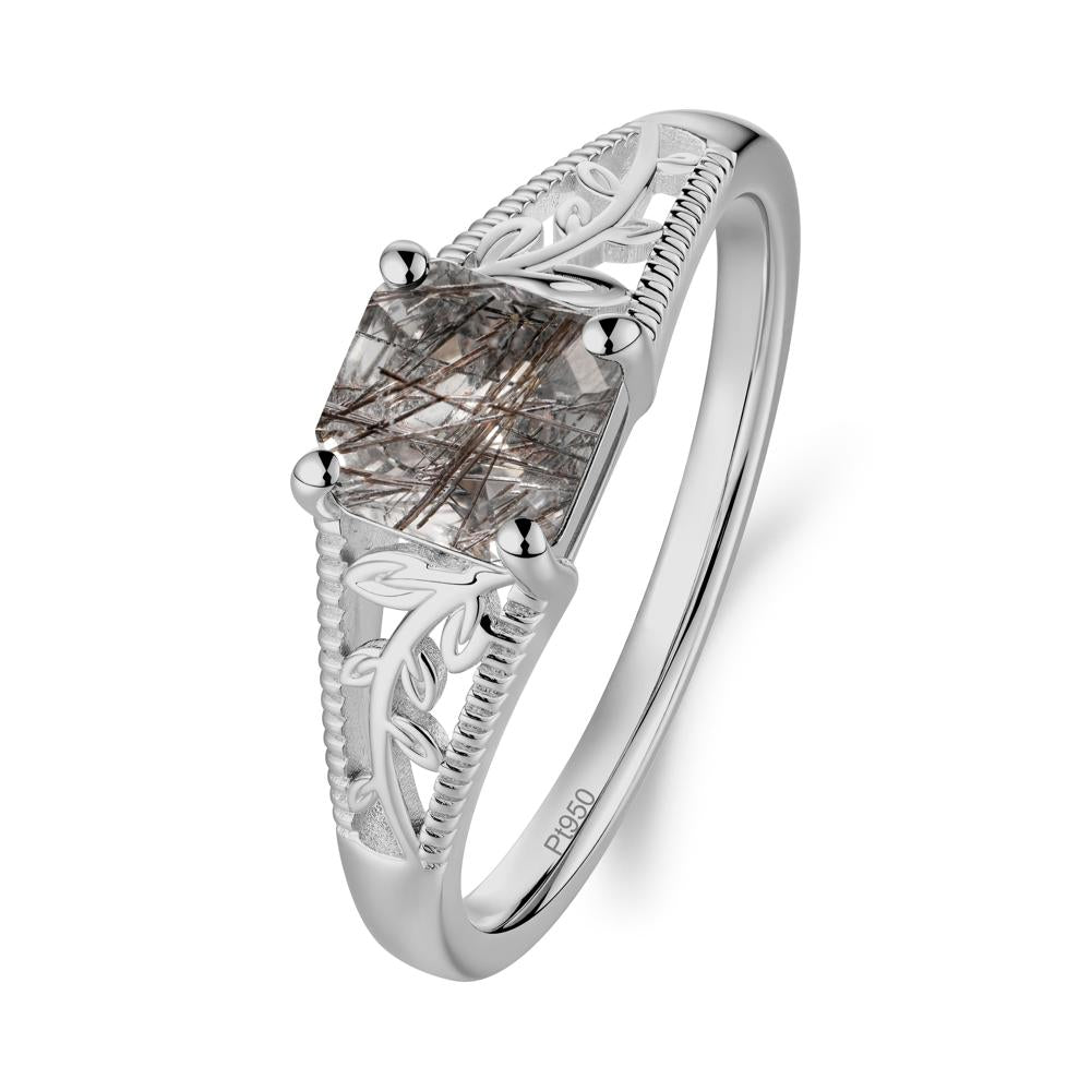 Leaf Inspired Asscher Cut Black Rutilated Quartz Solitaire Ring - LUO Jewelry #metal_platinum