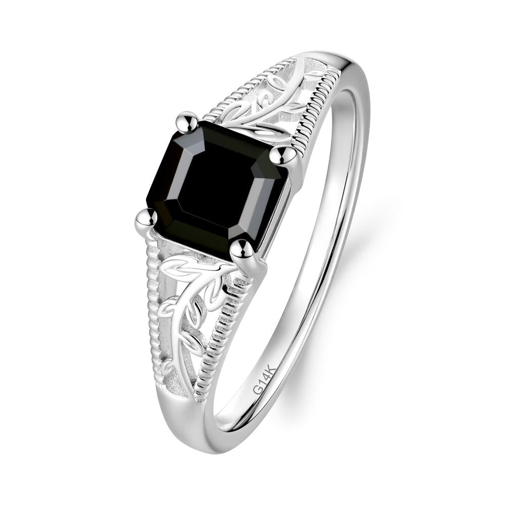 Milgrain and Filigree Leaf Black Spinel Ring - LUO Jewelry #metal_14k white gold