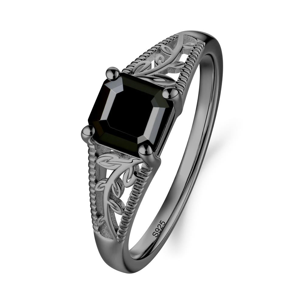 Milgrain and Filigree Leaf Black Spinel Ring - LUO Jewelry #metal_black finish sterling silver