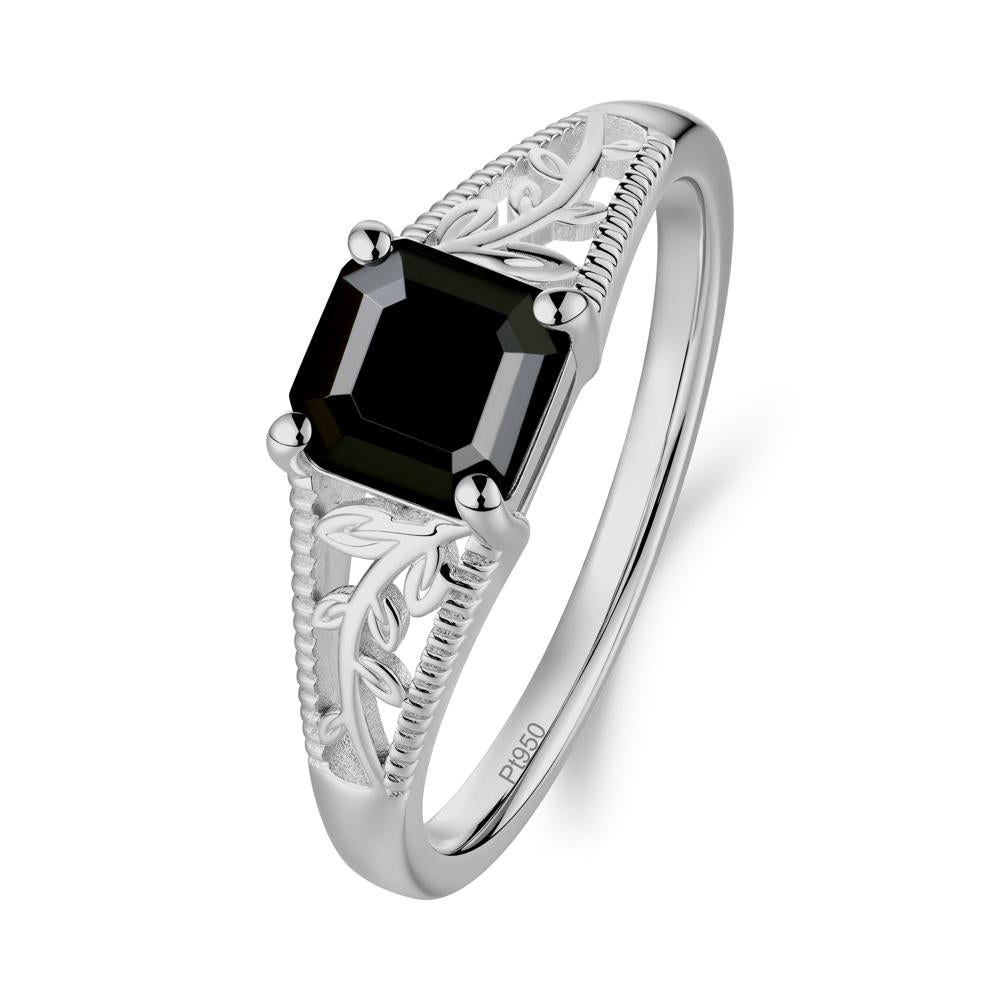 Milgrain and Filigree Leaf Black Spinel Ring - LUO Jewelry #metal_platinum