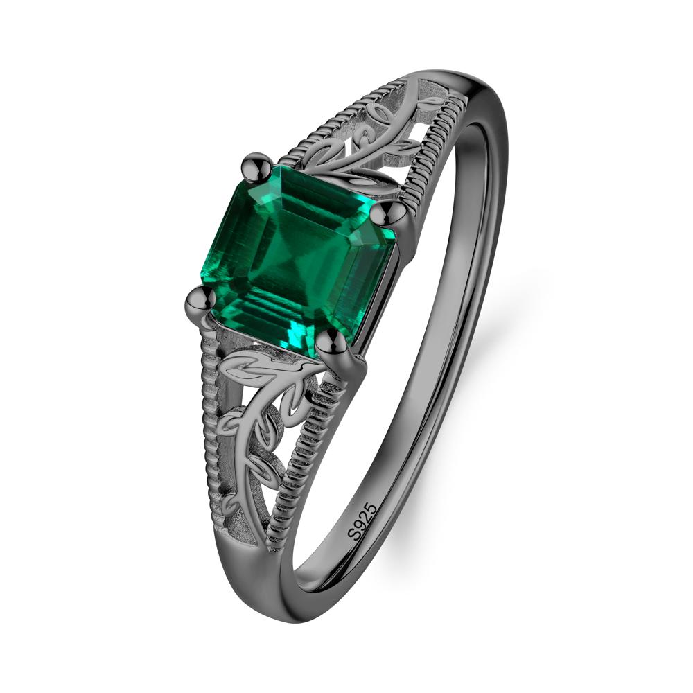 Leaf Inspired Asscher Cut Emerald Solitaire Ring - LUO Jewelry #metal_black finish sterling silver