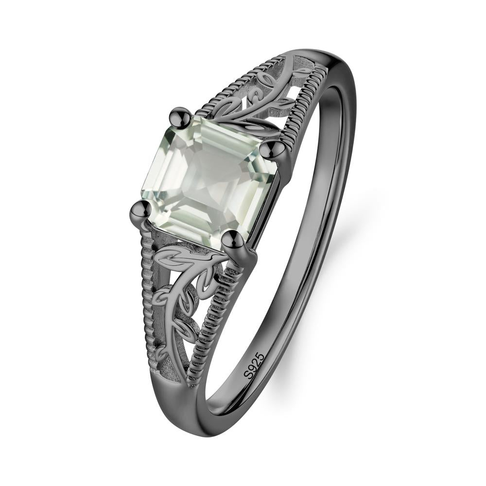 Leaf Inspired Asscher Cut Green Amethyst Solitaire Ring - LUO Jewelry #metal_black finish sterling silver