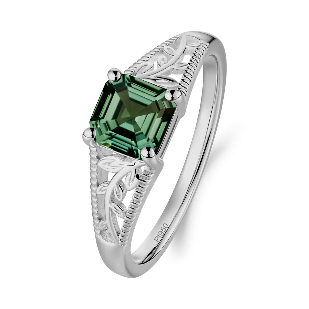 Milgrain and Filigree Leaf Green Sapphire Ring - LUO Jewelry #metal_platinum