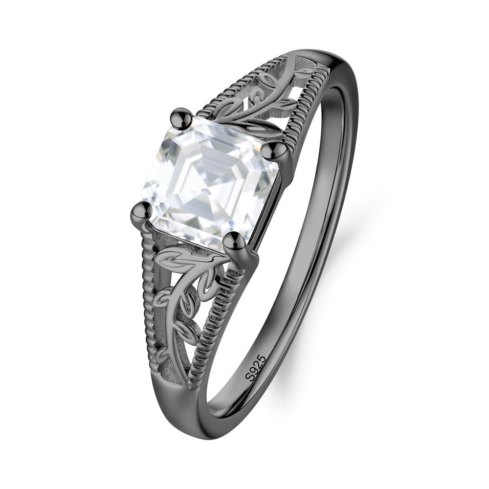 Milgrain and Filigree Leaf Moissanite Ring - LUO Jewelry #metal_black finish sterling silver