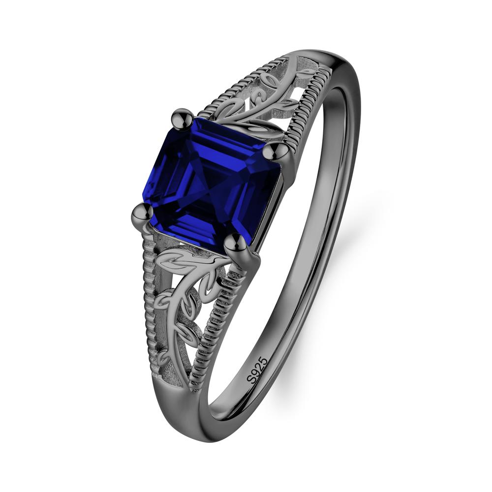 Leaf Inspired Asscher Cut Sapphire Solitaire Ring - LUO Jewelry #metal_black finish sterling silver