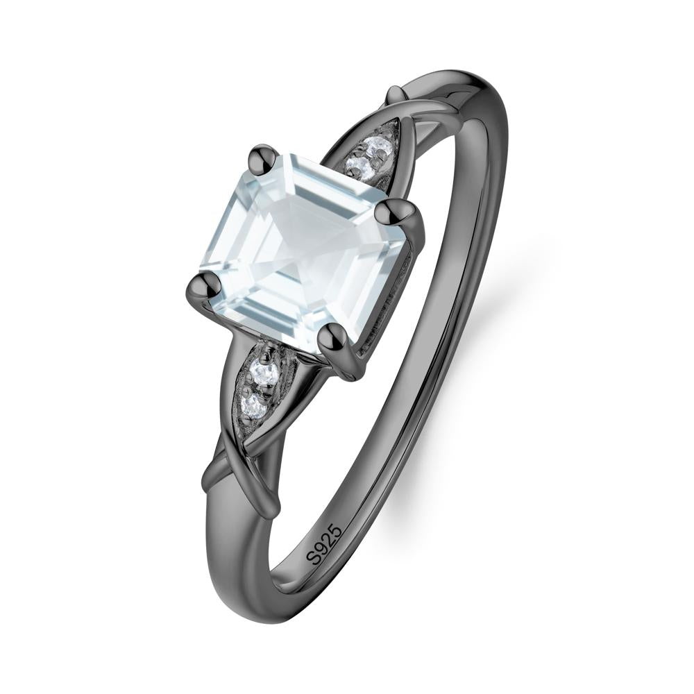 Asscher Cut Aquamarine Solitaire Ring with Criss-Cross Band - LUO Jewelry #metal_black finish sterling silver
