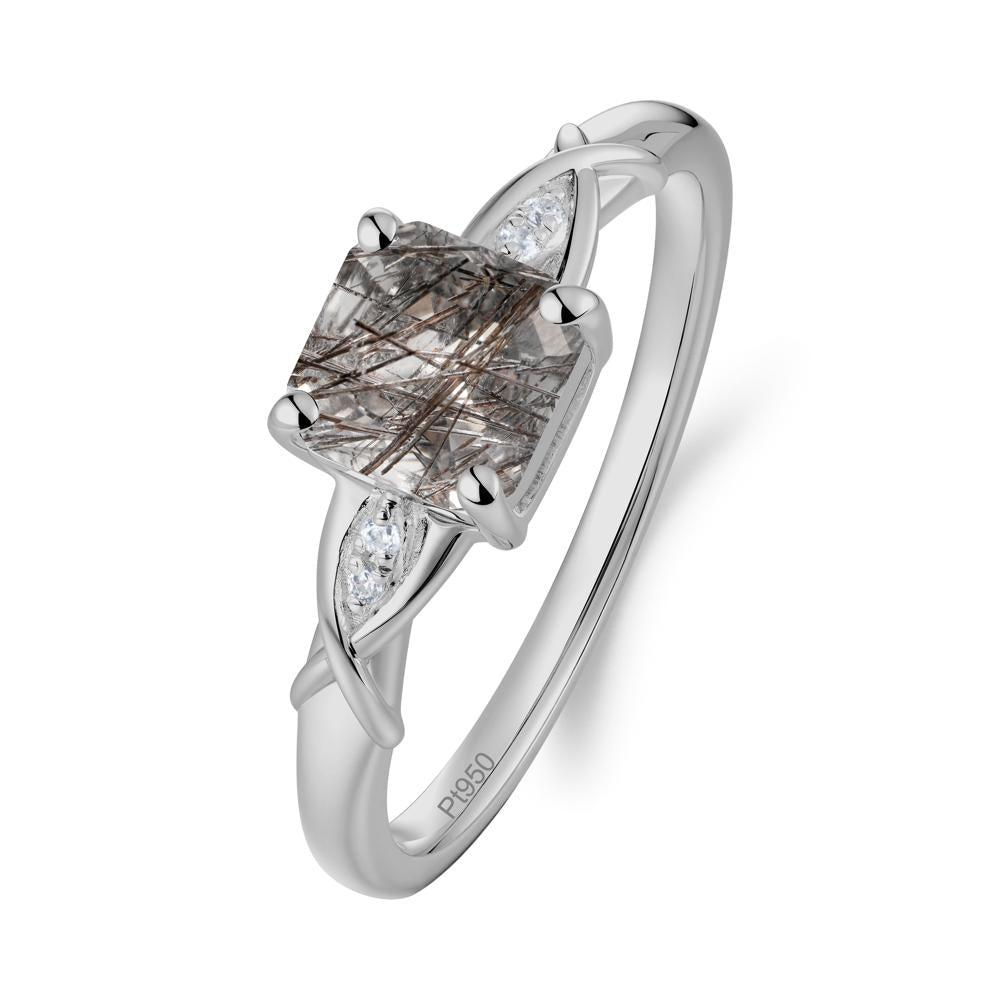 Asscher Cut Black Rutilated Quartz Solitaire Ring with Criss-Cross Band - LUO Jewelry #metal_platinum