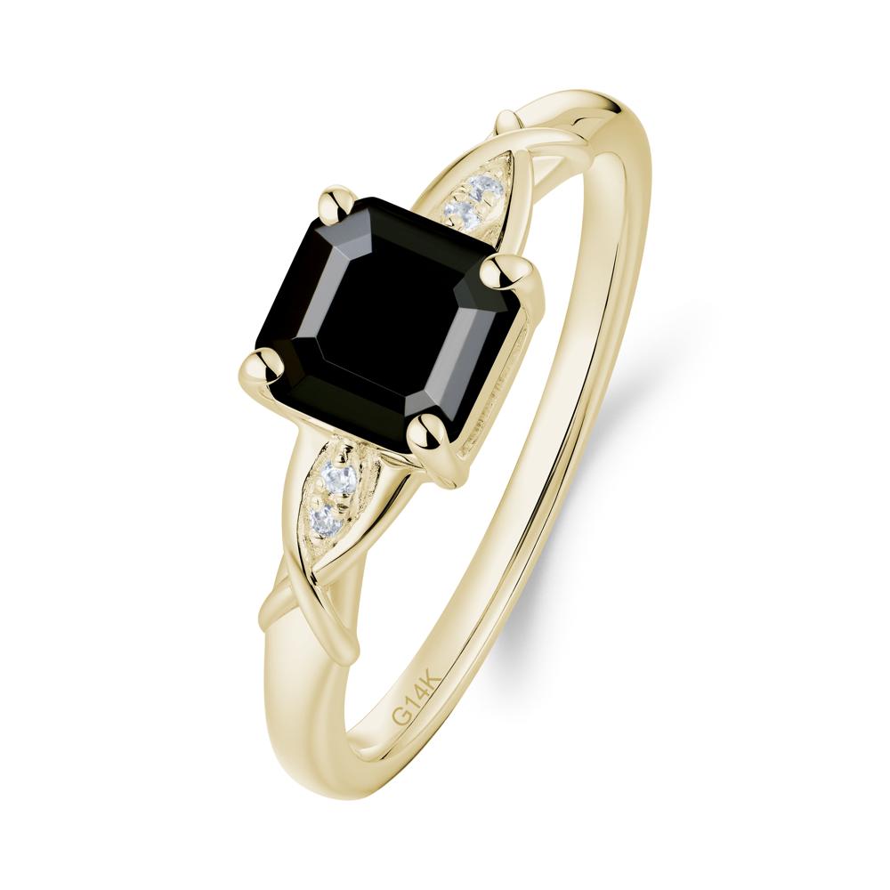 Asscher Cut Black Spinel Solitaire Ring with Criss-Cross Band - LUO Jewelry #metal_14k yellow gold