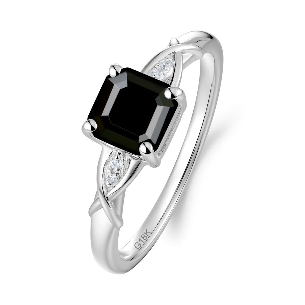 Asscher Cut Black Spinel Solitaire Ring with Criss-Cross Band - LUO Jewelry #metal_18k white gold