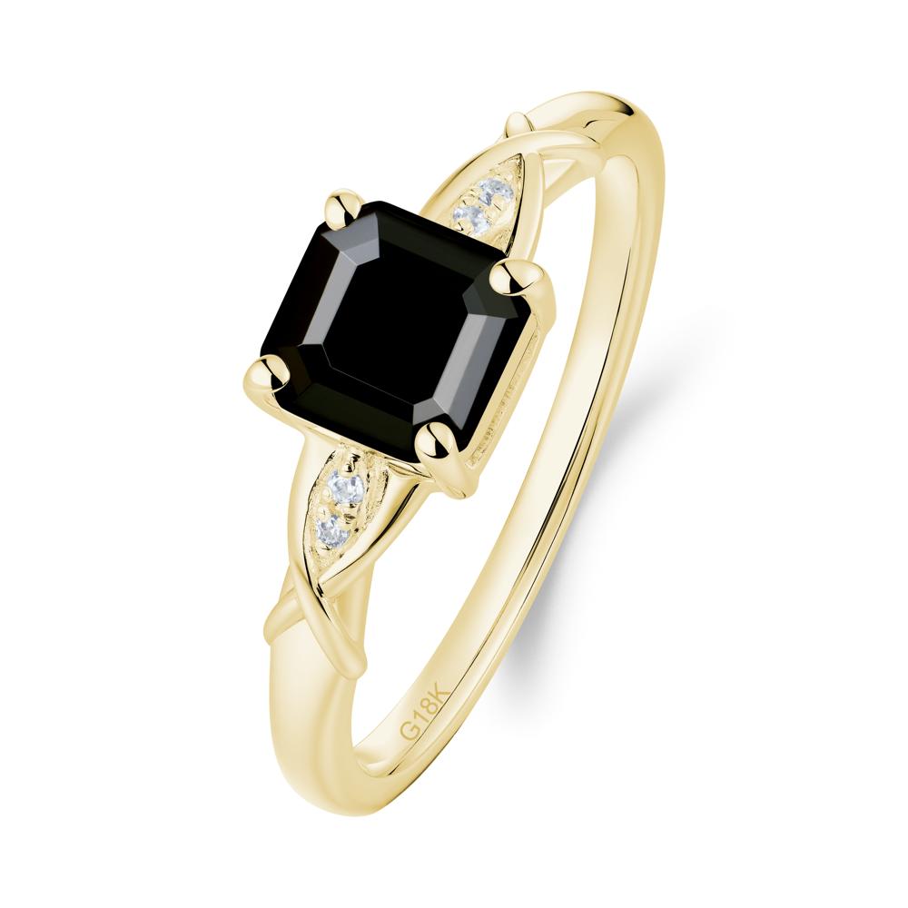 Asscher Cut Black Spinel Solitaire Ring with Criss-Cross Band - LUO Jewelry #metal_18k yellow gold