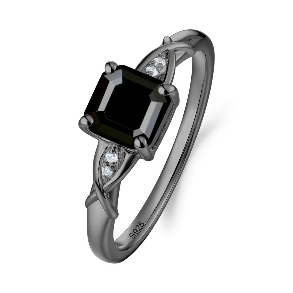 Asscher Cut Black Spinel Solitaire Ring with Criss-Cross Band - LUO Jewelry #metal_black finish sterling silver