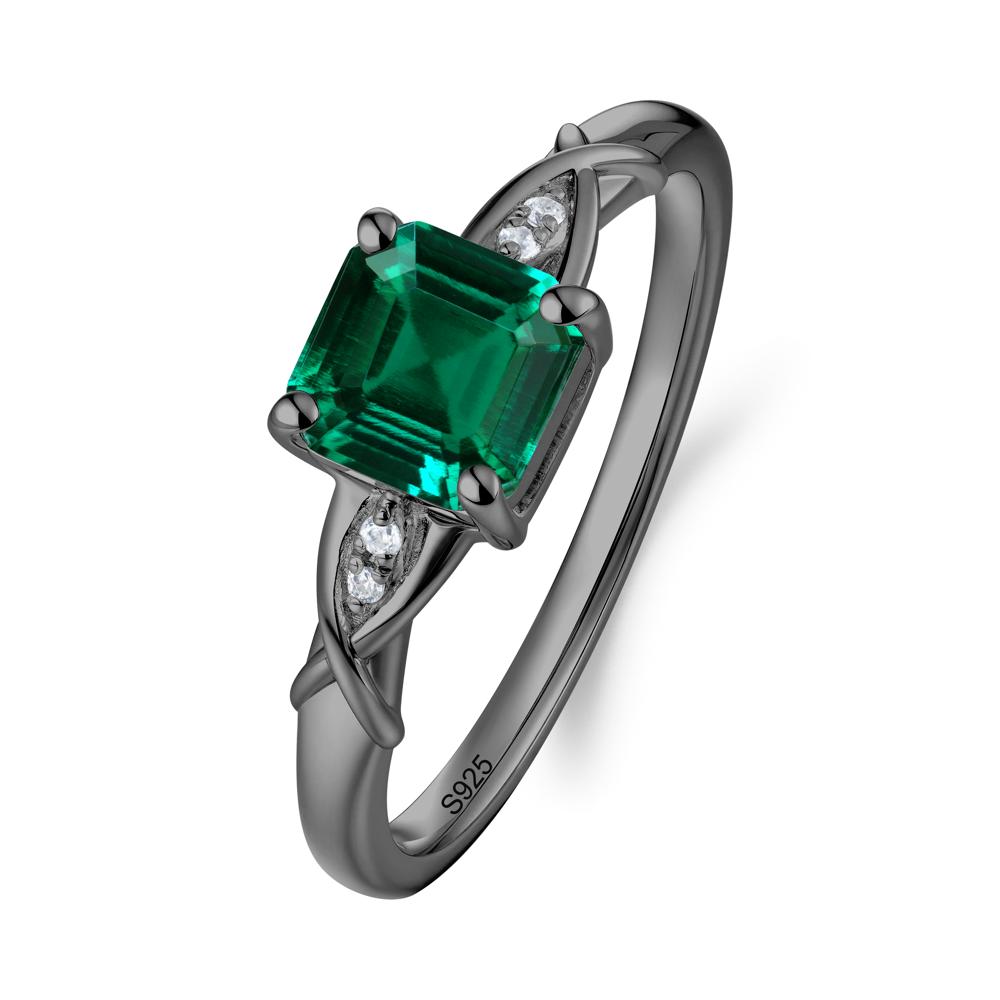 Asscher Cut Emerald Solitaire Ring with Criss-Cross Band - LUO Jewelry #metal_black finish sterling silver