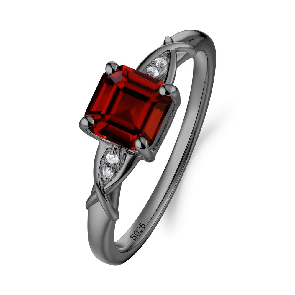 Asscher Cut Garnet Solitaire Ring with Criss-Cross Band - LUO Jewelry #metal_black finish sterling silver