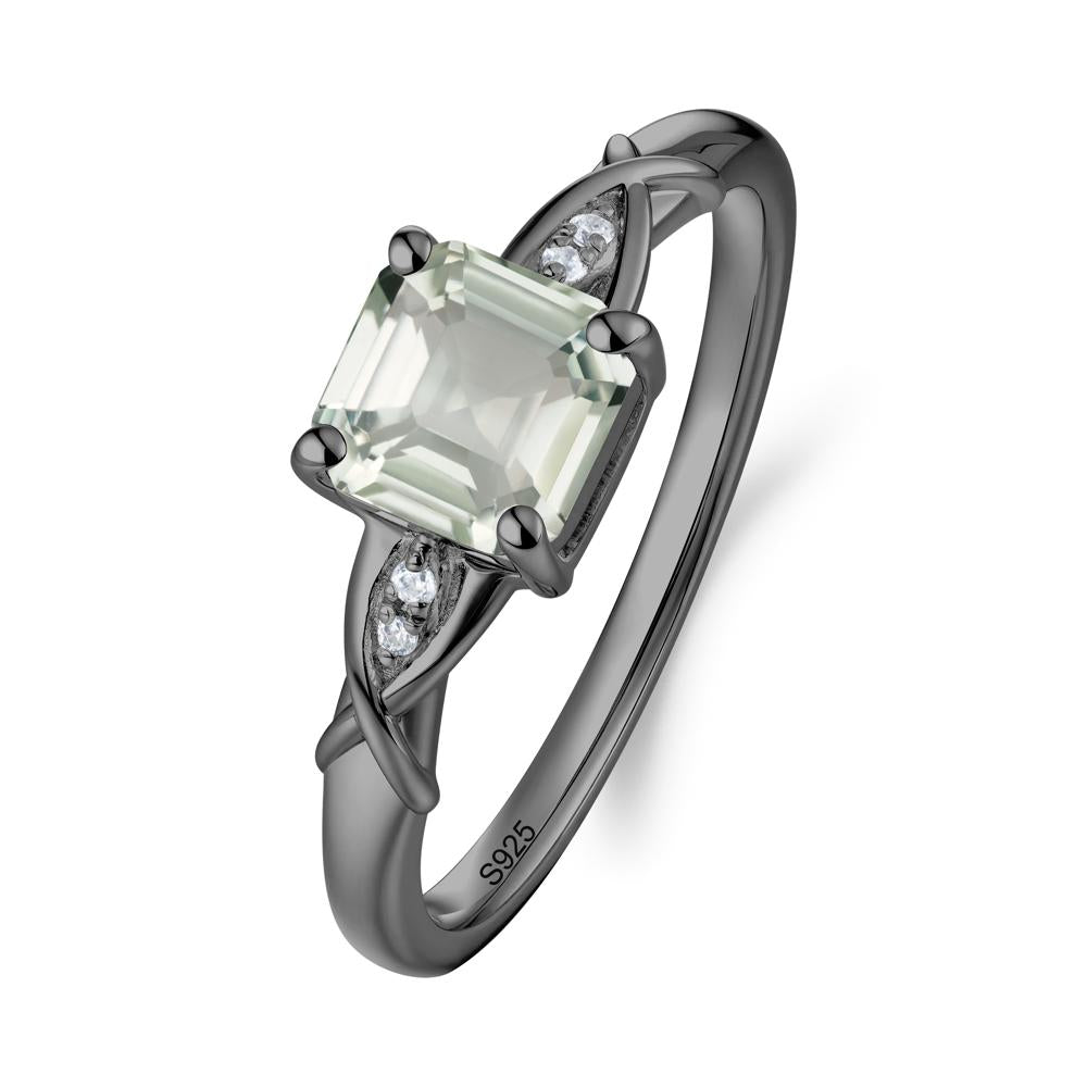 Asscher Cut Green Amethyst Solitaire Ring with Criss-Cross Band - LUO Jewelry #metal_black finish sterling silver
