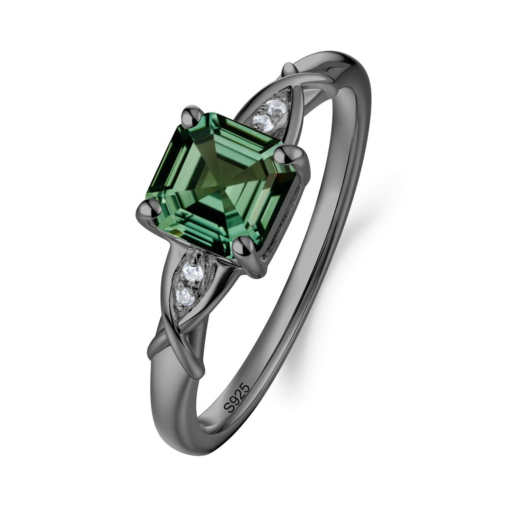 Asscher Cut Green Sapphire Solitaire Ring with Criss-Cross Band - LUO Jewelry #metal_black finish sterling silver