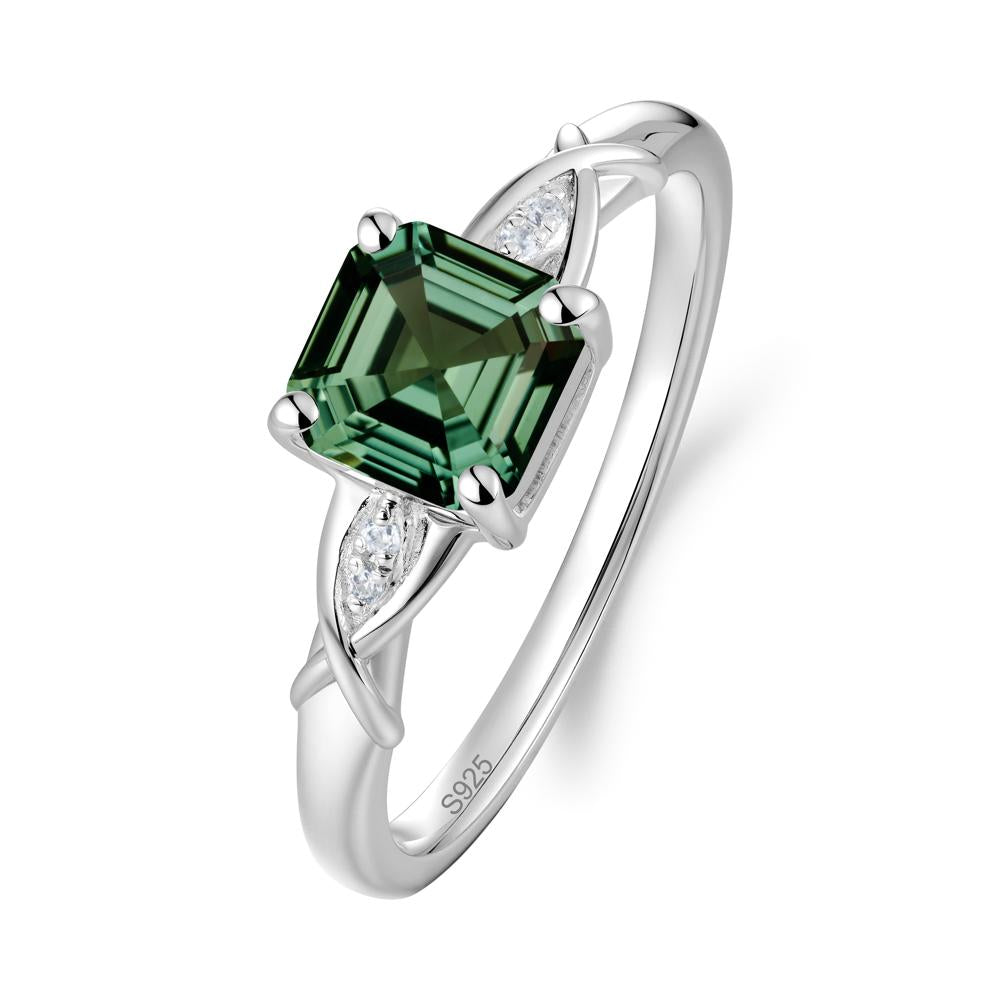 Asscher Cut Green Sapphire Solitaire Ring with Criss-Cross Band - LUO Jewelry #metal_sterling silver