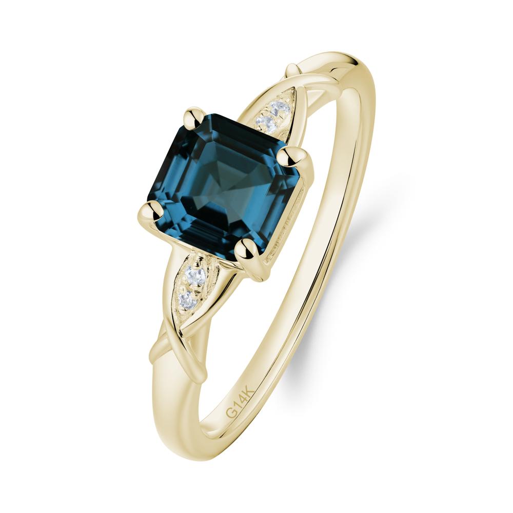 Asscher Cut London Blue Topaz Solitaire Ring with Criss-Cross Band - LUO Jewelry #metal_14k yellow gold
